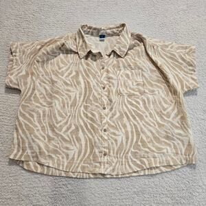 Old Navy Short Sleeve V-neck Demi Zebra Button-up Top Oversize Boxy Sz S Safari